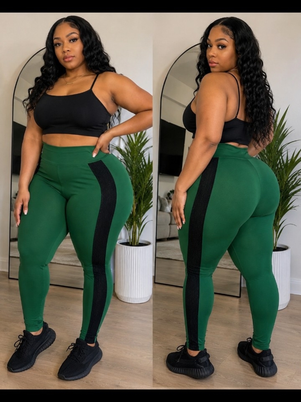 Curve Green High-Waist Leggings with Black Side Stripe